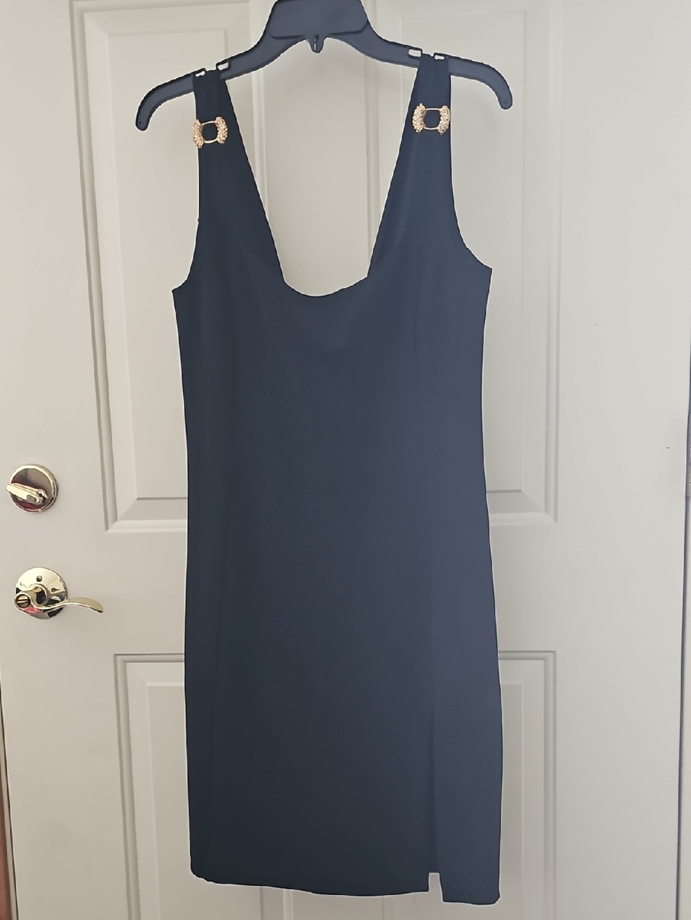 Sleeveless Black Shift Dress with Gold Buckle Details